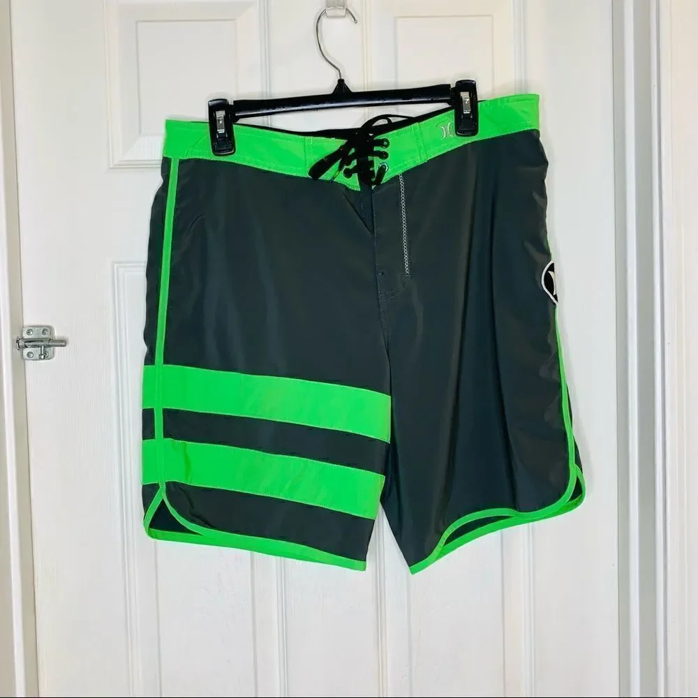 Hurley Phantom Gray Green Striped Unlined Drawstring Board Shorts Size Large
